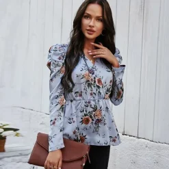 Fashion Princesse Fleurie Blouse Fleurie Bleu en Crêpe