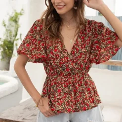 Shop Princesse Fleurie Blouse Rouge Fleurie Femme