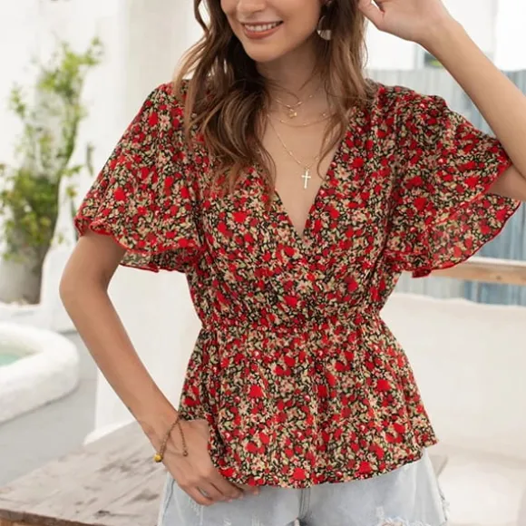 Shop Princesse Fleurie Blouse Rouge Fleurie Femme