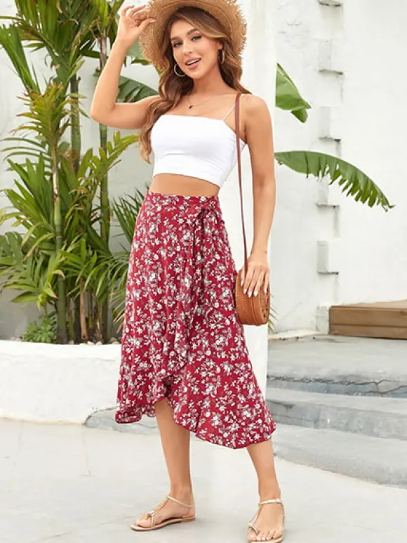 Online Princesse Fleurie Jupe Midi Fleurie Rouge