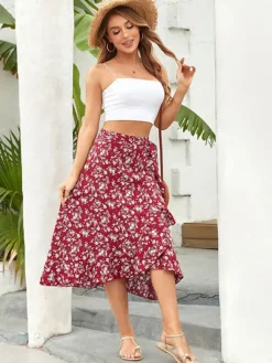 Online Princesse Fleurie Jupe Midi Fleurie Rouge