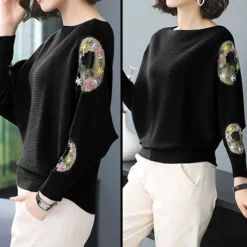 Outlet Princesse Fleurie Pull Noir Brodé Fleurs