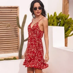 Fashion Princesse Fleurie Robe à Bretelles Fleurie Rouge