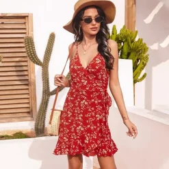 Fashion Princesse Fleurie Robe à Bretelles Fleurie Rouge