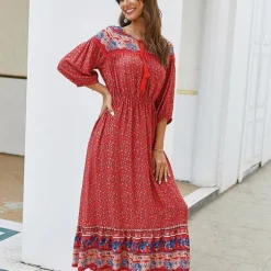 Clearance Princesse Fleurie Robe Bohème Fleurie Longue Rouge