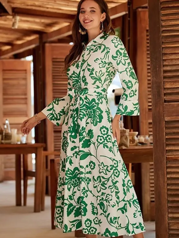 Hot Princesse Fleurie Robe Chemisier Fleurie Mi-Longue