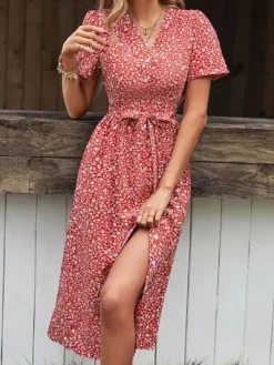 Clearance Princesse Fleurie Robe Fleurie Rouge Boutonnée