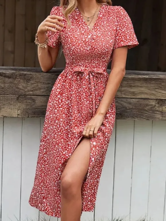 Clearance Princesse Fleurie Robe Fleurie Rouge Boutonnée