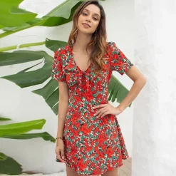 Flash Sale Princesse Fleurie Robe Fleurie Rouge Col V
