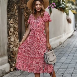 Store Princesse Fleurie Robe Fleurie Rouge Mi-Longue