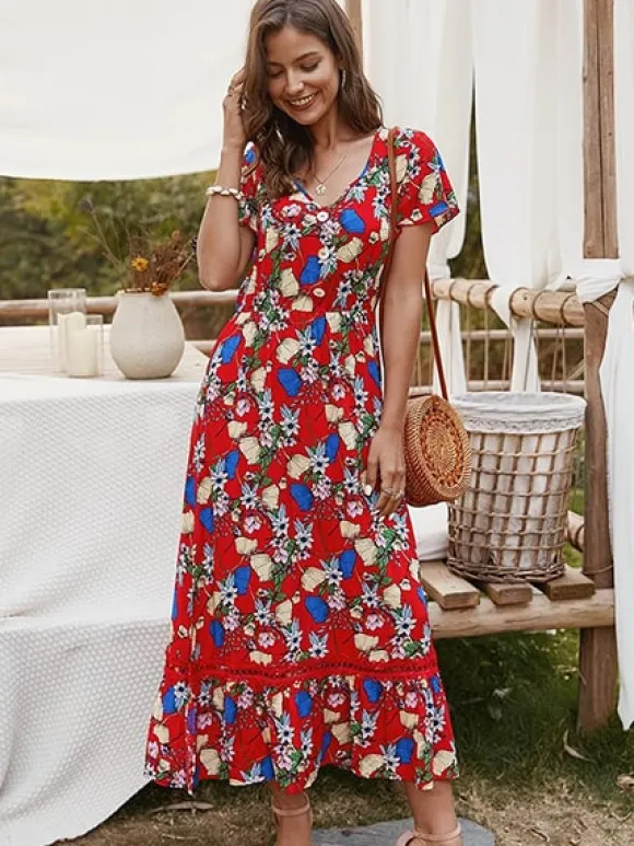 Sale Princesse Fleurie Robe Imprimé Fleuri Rouge