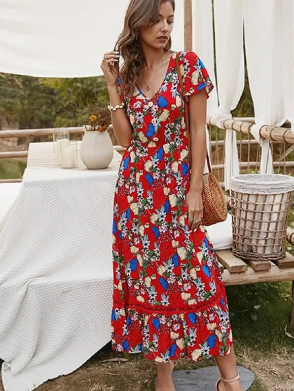 Sale Princesse Fleurie Robe Imprimé Fleuri Rouge