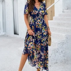 New Princesse Fleurie Robe Longue Bleu Marine Fleurie