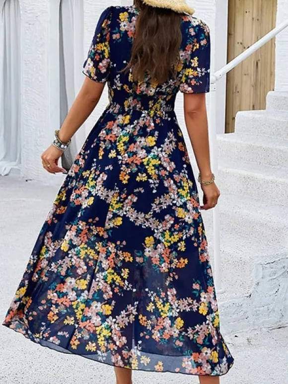 New Princesse Fleurie Robe Longue Bleu Marine Fleurie