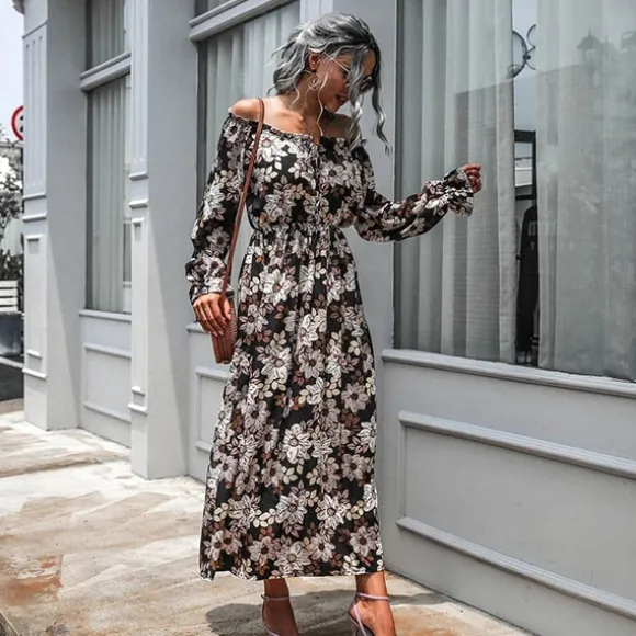 Online Princesse Fleurie Robe Longue Fleurie Fond Noir