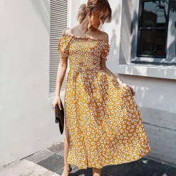 Shop Princesse Fleurie Robe Longue Jaune Moutarde Fleurie