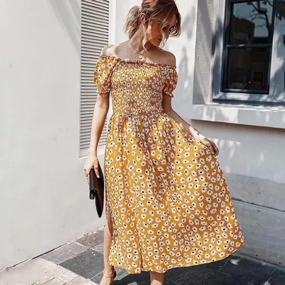 Shop Princesse Fleurie Robe Longue Jaune Moutarde Fleurie