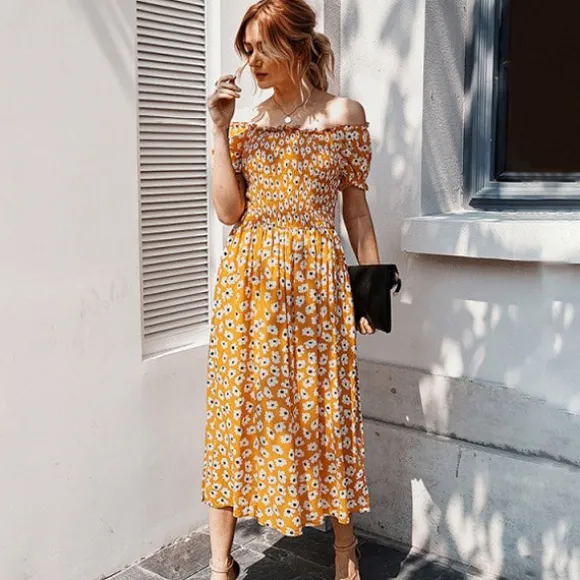 Shop Princesse Fleurie Robe Longue Jaune Moutarde Fleurie