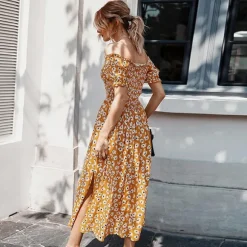 Shop Princesse Fleurie Robe Longue Jaune Moutarde Fleurie