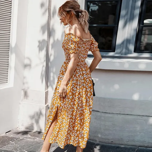 Shop Princesse Fleurie Robe Longue Jaune Moutarde Fleurie