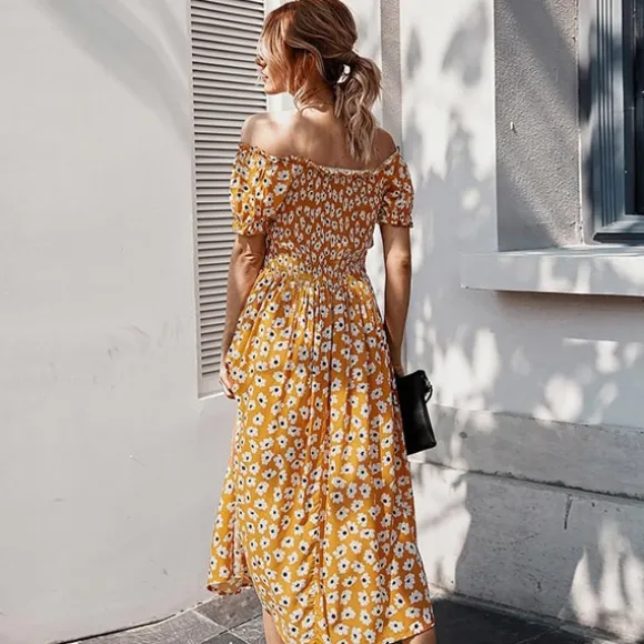 Shop Princesse Fleurie Robe Longue Jaune Moutarde Fleurie