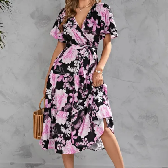 New Princesse Fleurie Robe Noire à Fleurs Roses