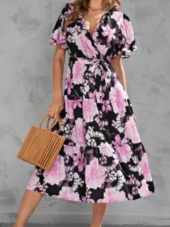 New Princesse Fleurie Robe Noire à Fleurs Roses