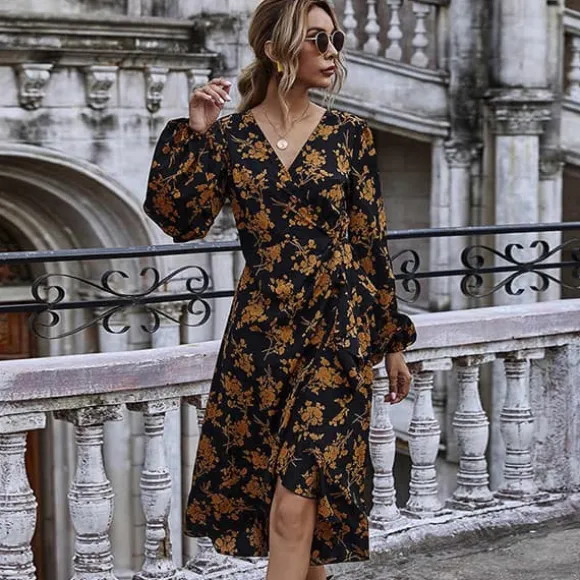 Hot Princesse Fleurie Robe Noire Fleurie Manches Longues