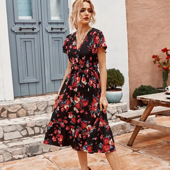 Shop Princesse Fleurie Robe Noire Fleurie Rouge
