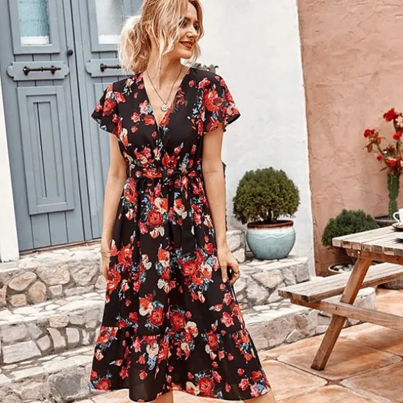 Shop Princesse Fleurie Robe Noire Fleurie Rouge