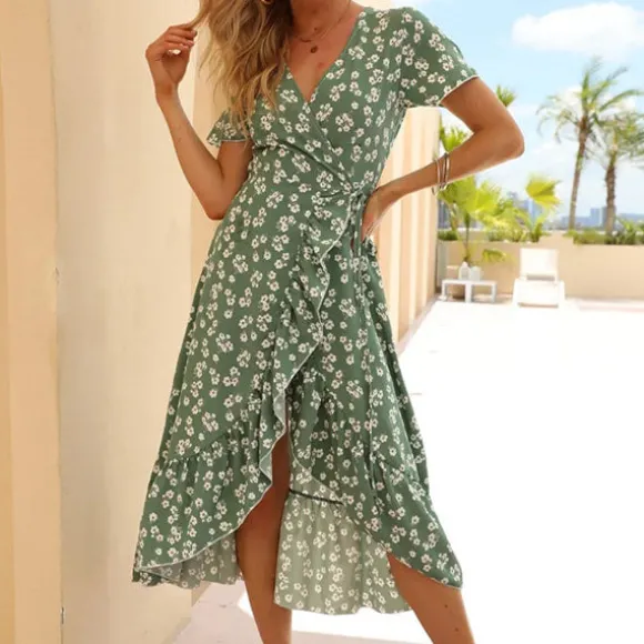 Fashion Princesse Fleurie Robe Portefeuille Fleurie Verte