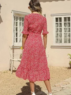 Outlet Princesse Fleurie Robe Portefeuille Rouge Fleurie