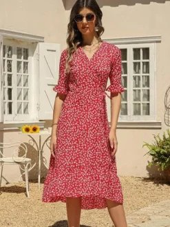 Outlet Princesse Fleurie Robe Portefeuille Rouge Fleurie