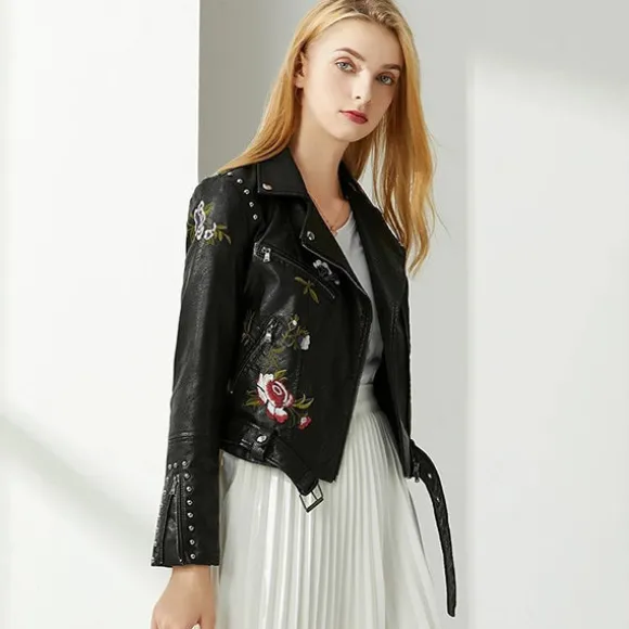 Sale Princesse Fleurie Veste en Cuir Fleurie Brodée